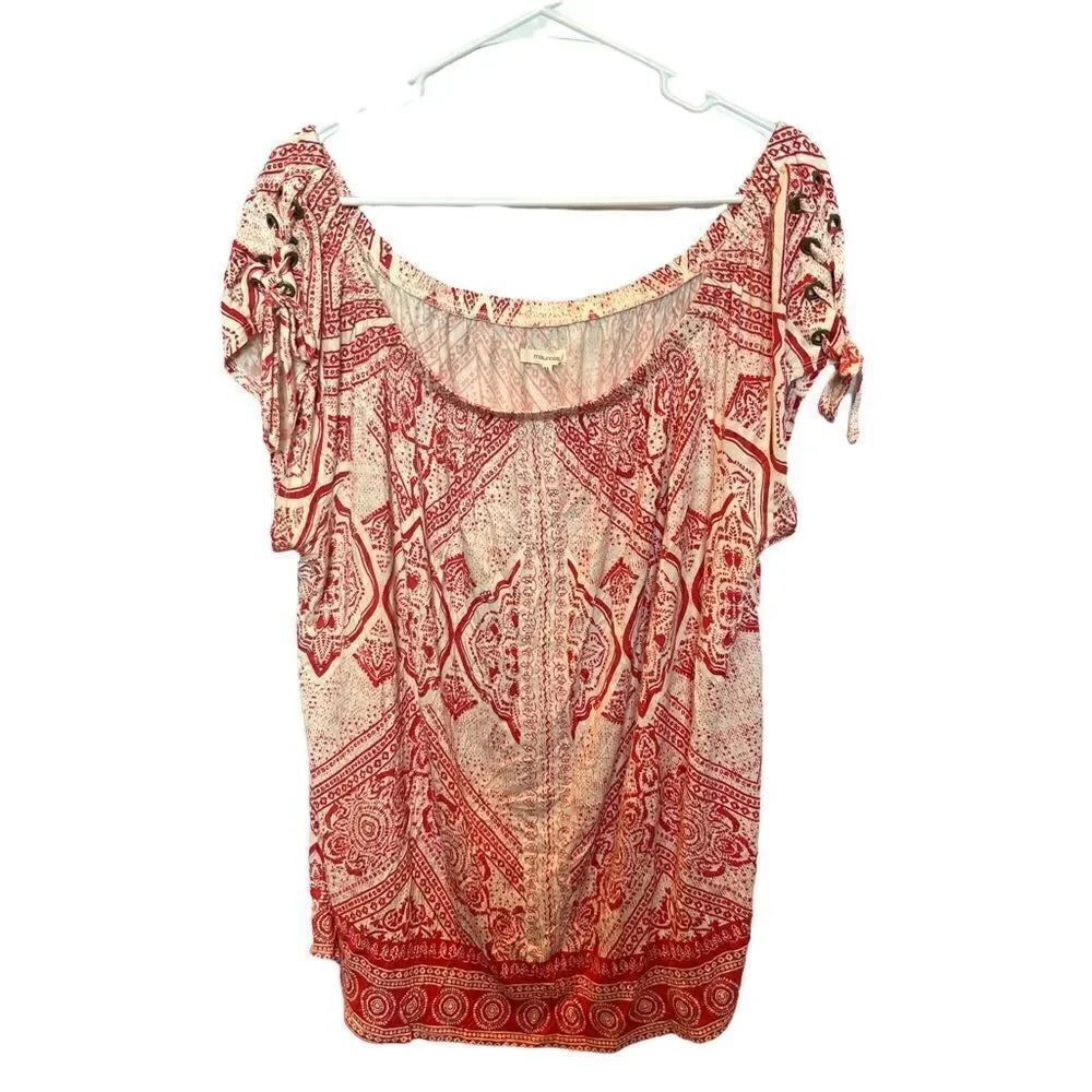 Maurices off shoulder blouse XXL short lace up sleeves red and cream print